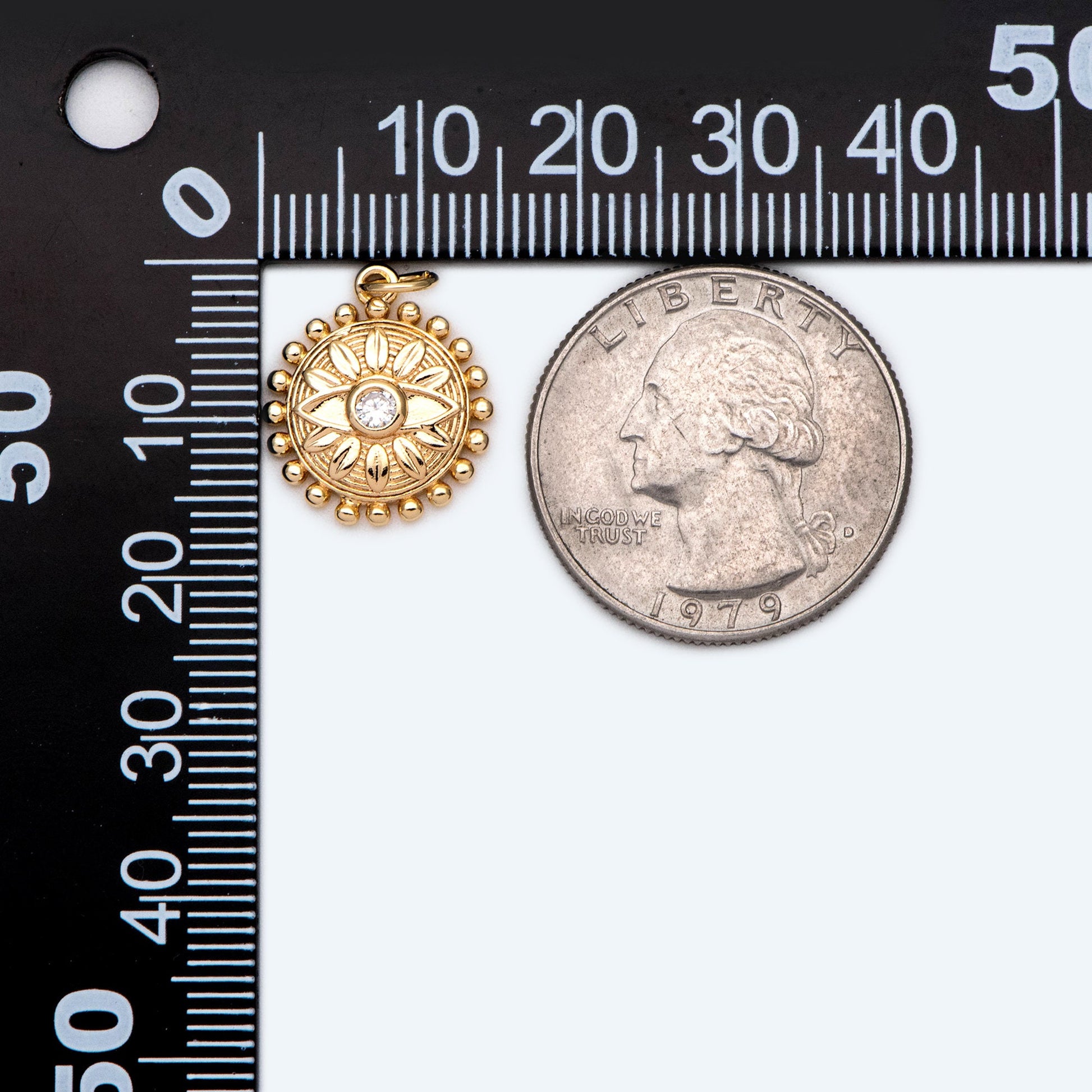 4pcs CZ Pave Gold Flower Evil eye Charms 17x15mm, 18K Gold plated Brass, Disk Evil eye Pendants (GB-4085-D)