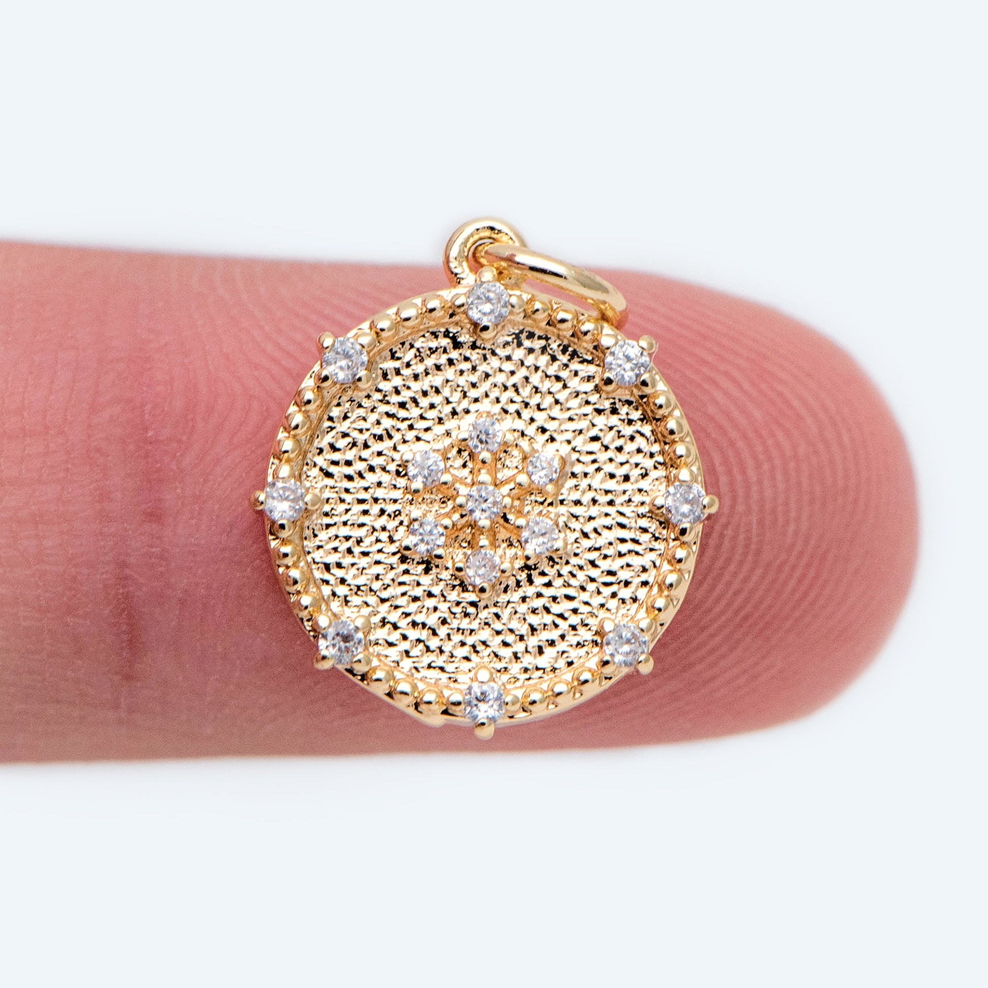 4pcs CZ Pave Gold Snowflake Disc Charms 14mm, 18K Gold plated Brass, Disk Pendants (GB-3486-E)
