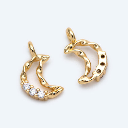 10pcs CZ pave Gold Moon Charm, 18K Gold plated Brass Moon Pendant (GB-618-J)