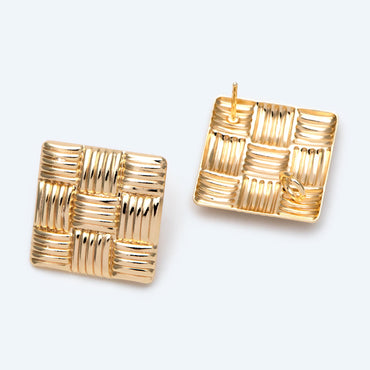 10pcs Gold Square Earring With Loop, 26mm, Real Gold Plated Brass Geometric Earring Studs (GB-1929)