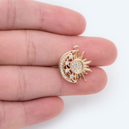 4pcs Sun and Moon Charms 16x19mm, 18K Gold plated Brass, CZ pave Sun Pendants (GB-2991-E)