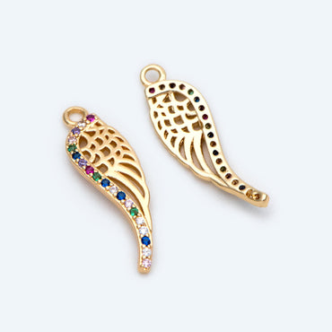 4pcs CZ Pave Gold Wing Charms 22x6mm, Real 18K Gold plated Brass, Wing Pendants for Earring/ Necklaces (GB-1957)