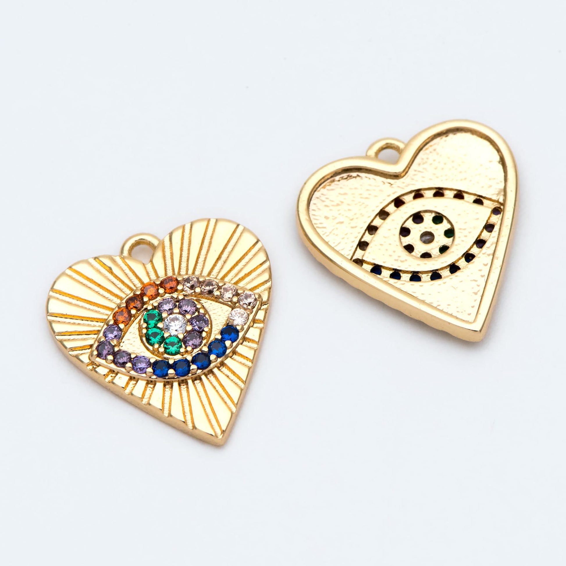 4pcs CZ pave Colourful Gold Heart Evil Eye Charm 15mm, Gold Plated Brass Heart Pendant (GB-4085-E)