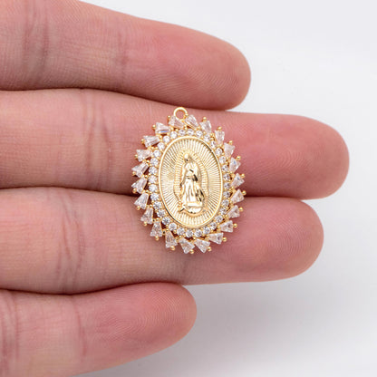 4pcs CZ pave Gold Hollow Virgin Mother Mary Pendants, Catholic Baptism Lady Guadalupe Charm, Medallion Religious Jewelry Craft (GB-4395-D)
