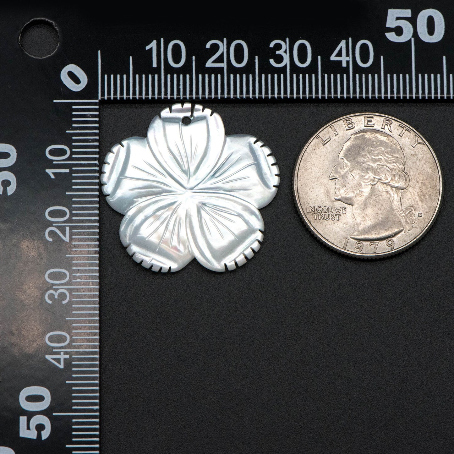 10pcs White Mother of Pearl Flowers 28mm, Carved MOP Shell Floral Charms, Top Drilled Pendants (V1375)