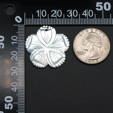 10pcs White Mother of Pearl Flowers 28mm, Carved MOP Shell Floral Charms, Top Drilled Pendants (V1375)
