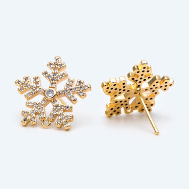 4pcs CZ Pave Gold Snowflake Ear Posts 15mm, Earring Findings, Jewelry Making, Diy Material, Jewelry Supplies (GB-1737)