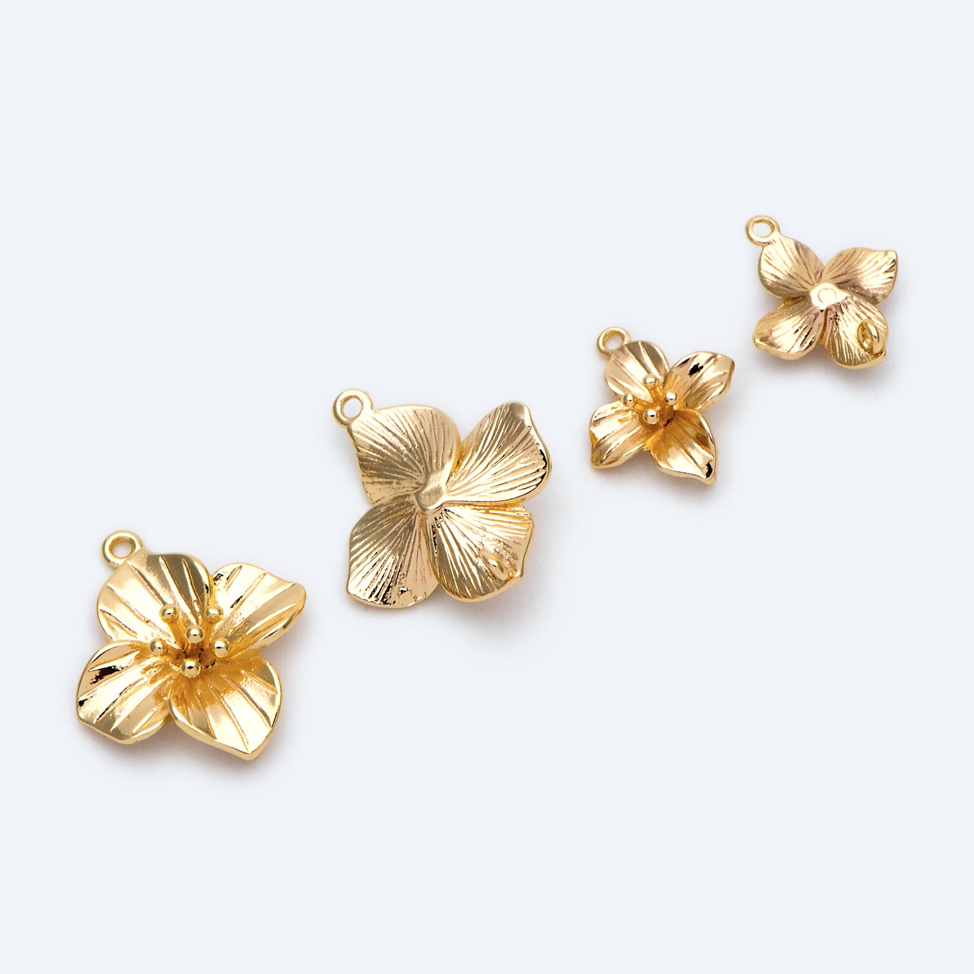 10pcs Gold/ Silver Tone Flower Charms with 2 Loops, 18K Gold/ Rhodium plated Brass, Floral Connectors 10/ 12/ 15mm (GB-1987)