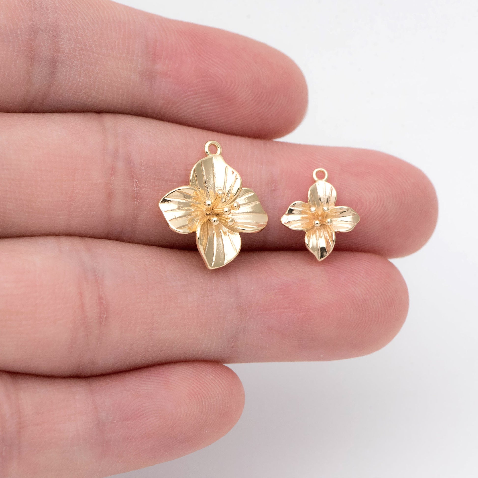 10pcs Gold/ Silver Tone Flower Charms with 2 Loops, 18K Gold/ Rhodium plated Brass, Floral Connectors 10/ 12/ 15mm (GB-1987)