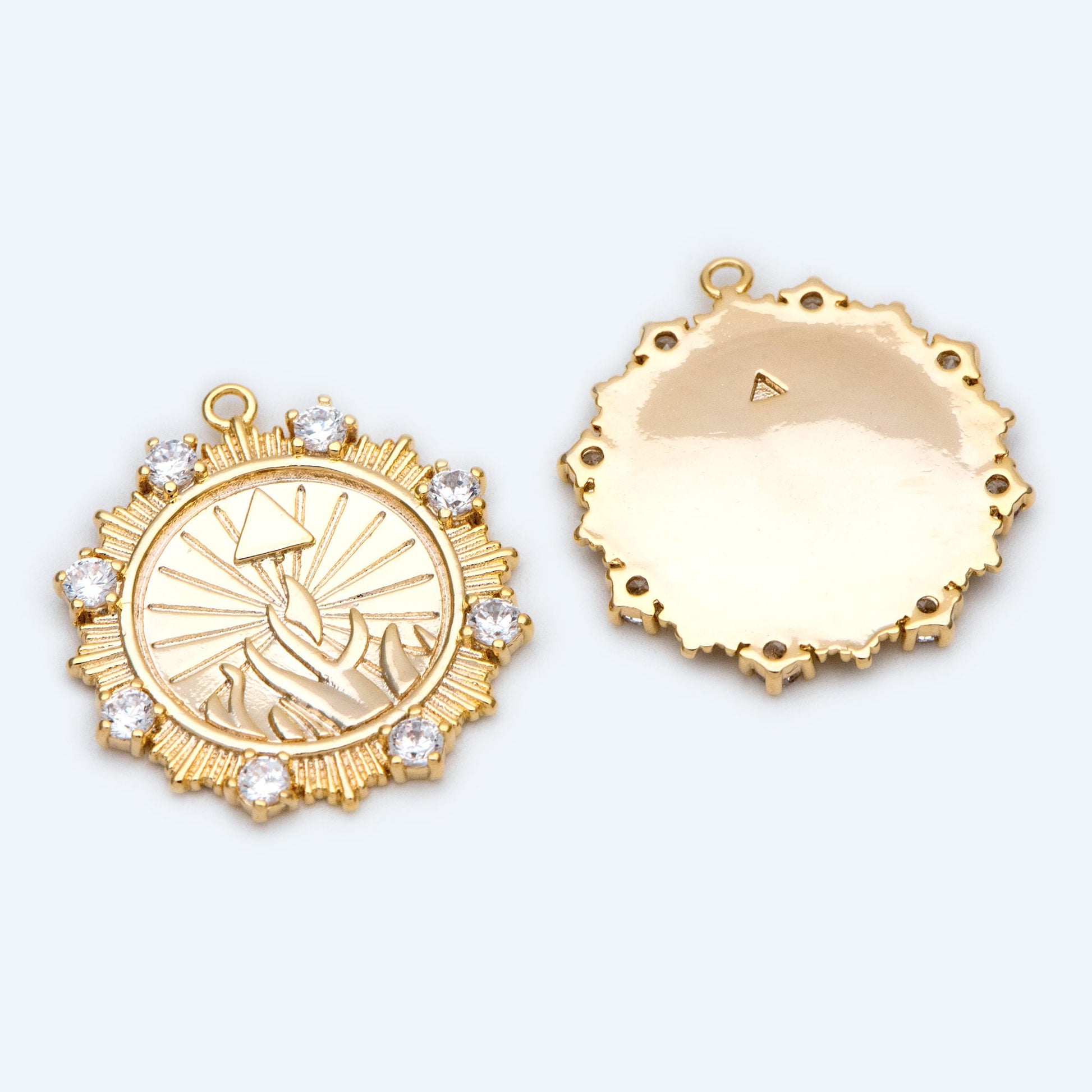 4pcs CZ Pave Gold Sun Disc Charms, 18K Gold plated Brass, Round Disk Sun Pendants (GB-1232-M)