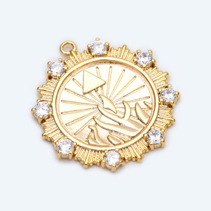 4pcs CZ Pave Gold Sun Disc Charms, 18K Gold plated Brass, Round Disk Sun Pendants (GB-1232-M)