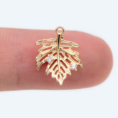 10pcs CZ Pave Gold Maple Leaf Charms, Maple Leaf Pendants 14.5x11.5mm (GB-4391-A)