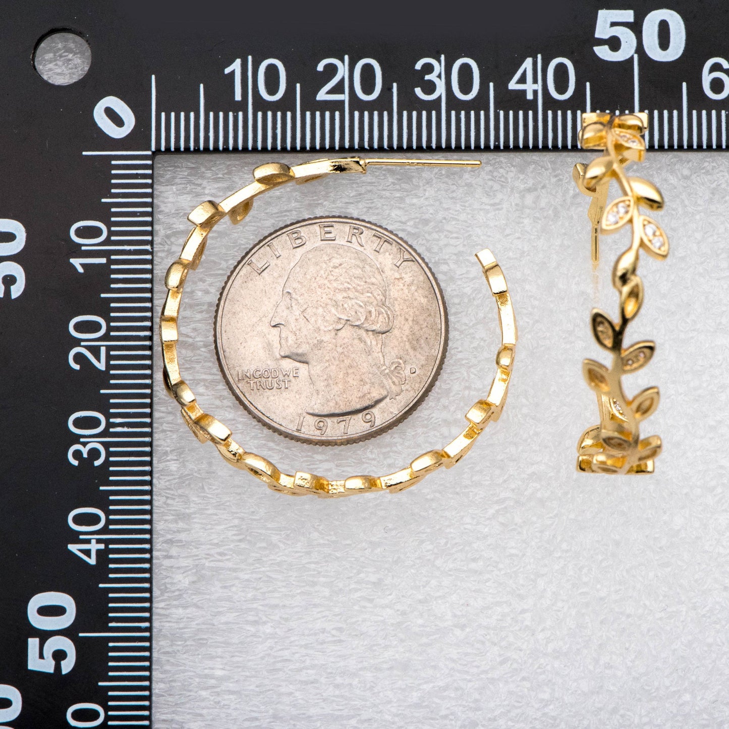 4pcs CZ Paved Dainty Gold Leaf Hoop Earrings, Gold Hoop Earring, 42mm Circle Leaf Earring (GB-2019)