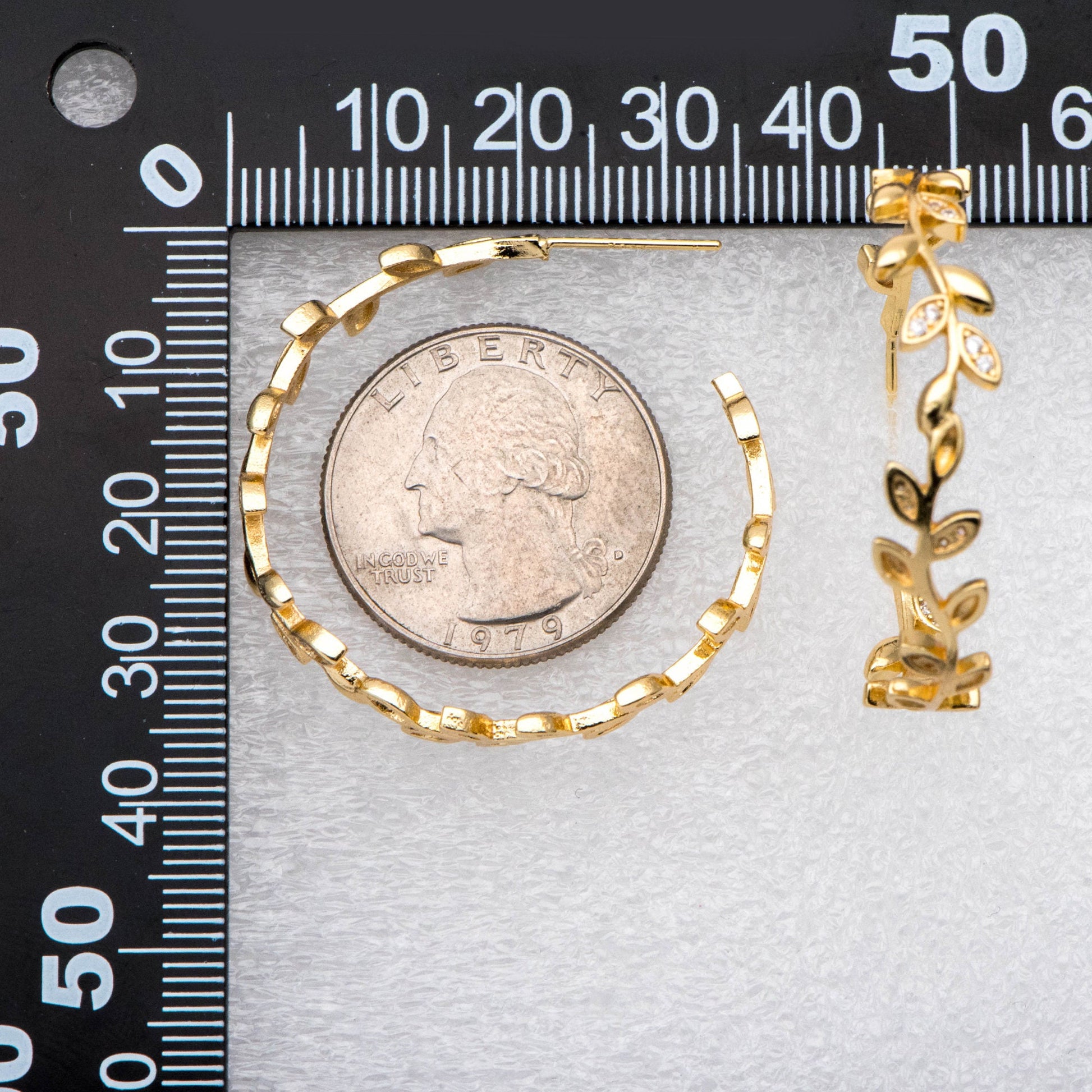 4pcs CZ Paved Dainty Gold Leaf Hoop Earrings, Gold Hoop Earring, 42mm Circle Leaf Earring (GB-2019)