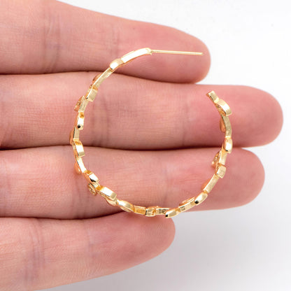 4pcs CZ Paved Dainty Gold Leaf Hoop Earrings, Gold Hoop Earring, 42mm Circle Leaf Earring (GB-2019)