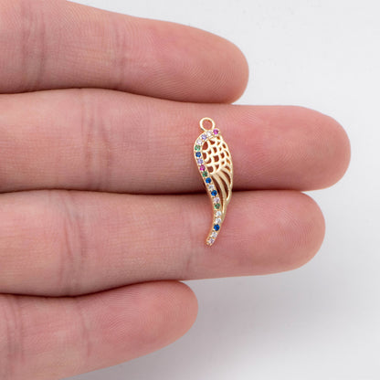 4pcs CZ Pave Gold Wing Charms 22x6mm, Real 18K Gold plated Brass, Wing Pendants for Earring/ Necklaces (GB-1957)