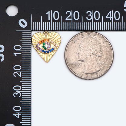 4pcs CZ pave Colourful Gold Heart Evil Eye Charm 15mm, Gold Plated Brass Heart Pendant (GB-4085-E)