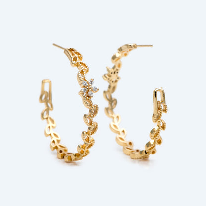 4pcs CZ Pave Dainty Gold Leaf Flower Hoop Earrings, Gold Hoop Earring, 34mm Circle Leaf Earring (GB-2003)