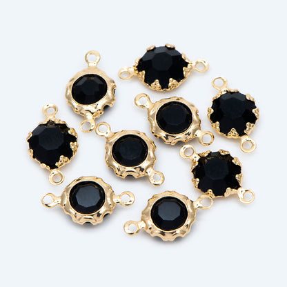 10pcs Gold Coin Connectors 7x12mm, Real Gold plated Brass, Black Glass Crystal Charm Pendants (GB-2039)