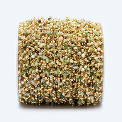 Gold Beaded Chain, Green Gemstone Chains, Curb Chain with 3.5mm Round Beads, DIY Necklace Bracelet Chain Supplies (#LK-456)/ 1 Meter=3.3ft