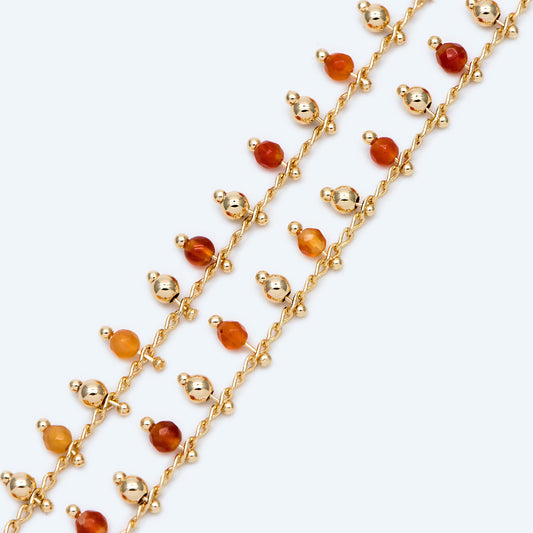 Gold Beaded Chain, Orange Agate Chains, Curb Chain with 3.5mm Round Beads, DIY Necklace Bracelet Chain Supplies (#LK-457)/ 1 Meter=3.3ft