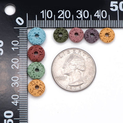 Volcanic Stone Rondelle Beads 8/ 10mm, Natural Lava Coin Beads Wholesale, Rainbow Mix Color (#V6098)
