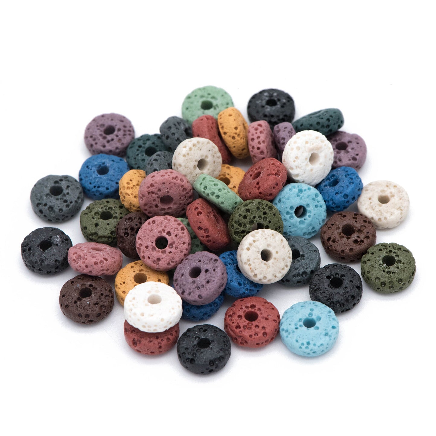 Volcanic Stone Rondelle Beads 8/ 10mm, Natural Lava Coin Beads Wholesale, Rainbow Mix Color (#V6098)