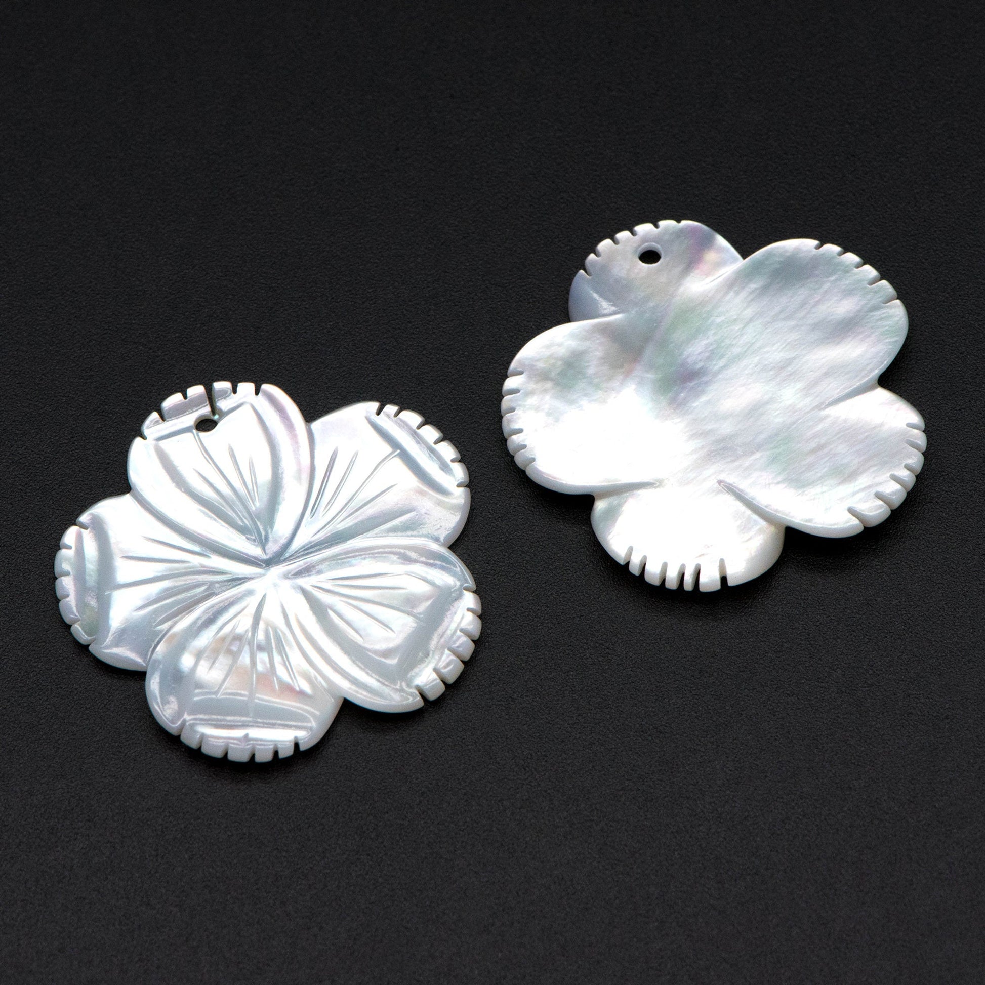 10pcs White Mother of Pearl Flowers 28mm, Carved MOP Shell Floral Charms, Top Drilled Pendants (V1375)