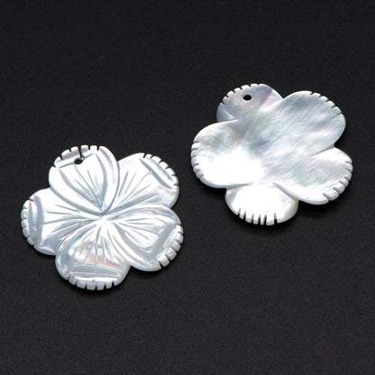 10pcs White Mother of Pearl Flowers 28mm, Carved MOP Shell Floral Charms, Top Drilled Pendants (V1375)