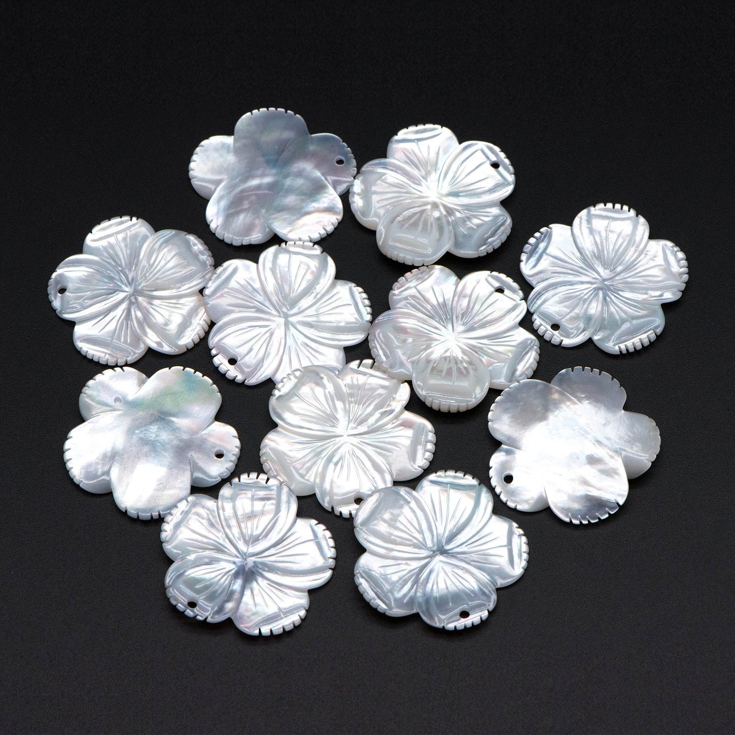 10pcs White Mother of Pearl Flowers 28mm, Carved MOP Shell Floral Charms, Top Drilled Pendants (V1375)