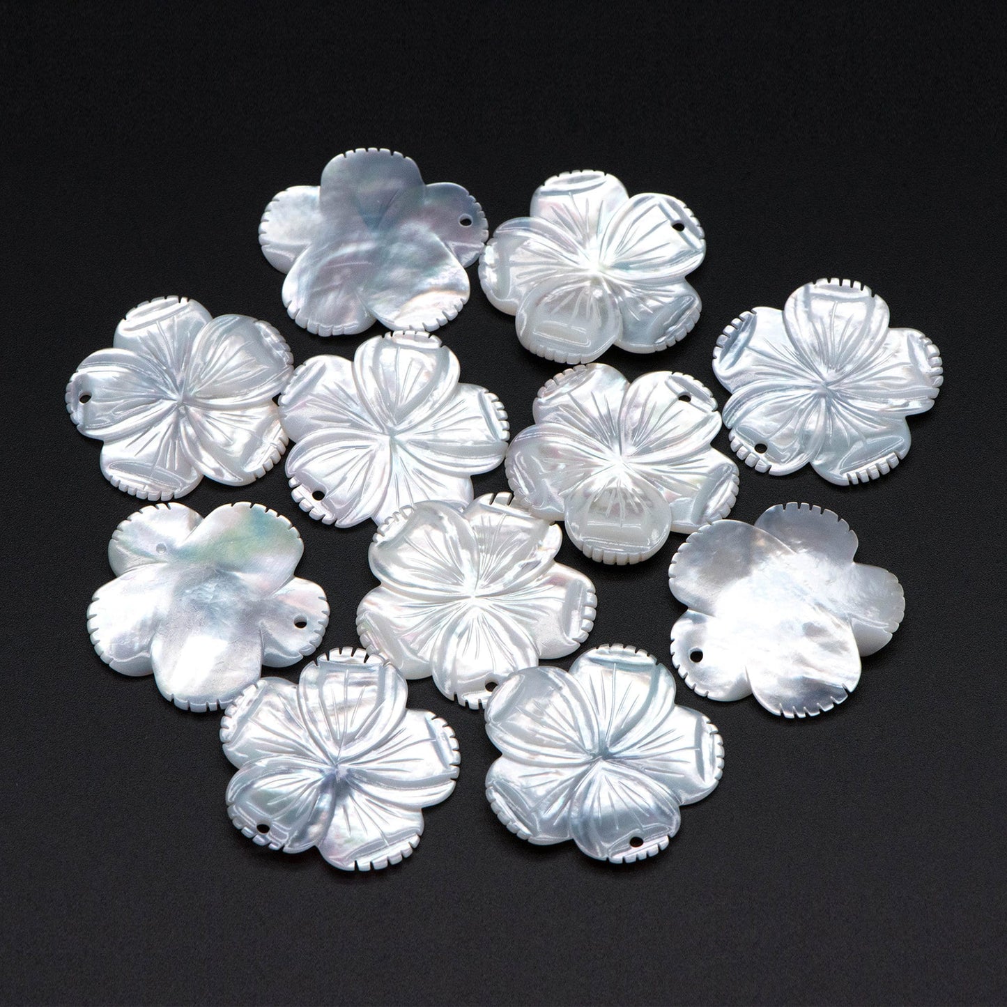 10pcs White Mother of Pearl Flowers 28mm, Carved MOP Shell Floral Charms, Top Drilled Pendants (BK-020)