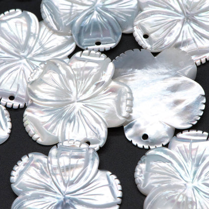 10pcs White Mother of Pearl Flowers 28mm, Carved MOP Shell Floral Charms, Top Drilled Pendants (V1375)