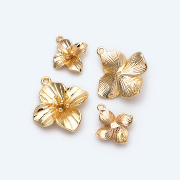 10pcs Gold/ Silver Tone Flower Charms with 2 Loops, 18K Gold/ Rhodium plated Brass, Floral Connectors 10/ 12/ 15mm (GB-1987)