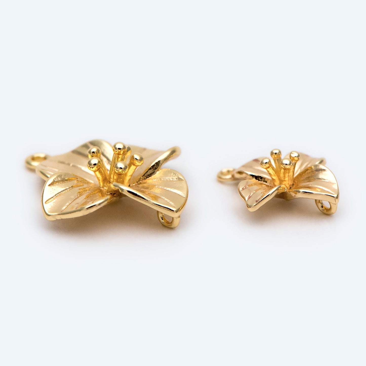 10pcs Gold/ Silver Tone Flower Charms with 2 Loops, 18K Gold/ Rhodium plated Brass, Floral Connectors 10/ 12/ 15mm (GB-1987)