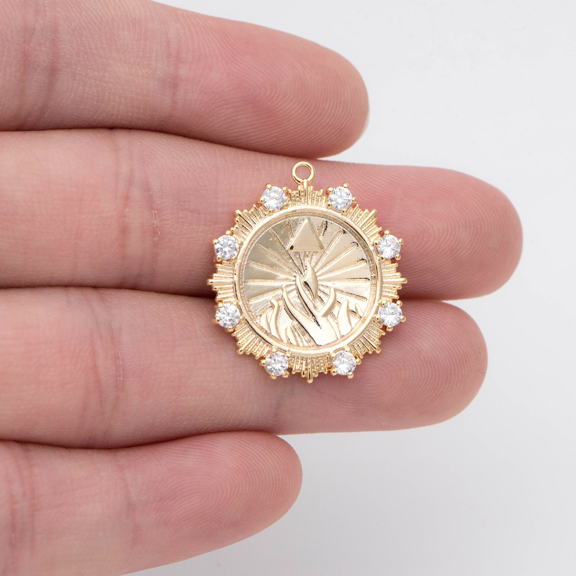 4pcs CZ Pave Gold Sun Disc Charms, 18K Gold plated Brass, Round Disk Sun Pendants (GB-1232-M)