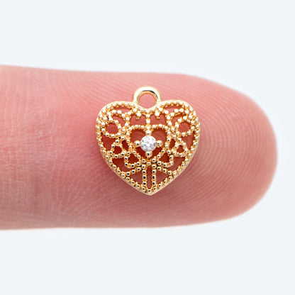8pcs Gold Filigree Heart Charms: 18K Gold Plated Pendants (GB-1998)