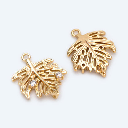10pcs CZ Pave Gold Maple Leaf Charms, Maple Leaf Pendants 14.5x11.5mm (GB-4391-A)