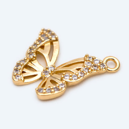 4pcs Gold plated Brass Hollow Butterfly Charms, CZ pave Butterfly Filigree Pendants (GB-3561-O)