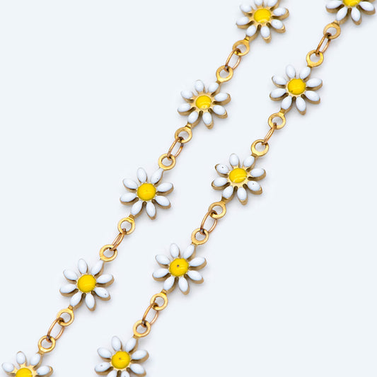 Enamel Flower Chain, Daisy Chain, Unplated Raw Brass Designer Chain 6mm, Floral Link Chain Findings, White (#LK-461-1)/ 1 Meter=3.3ft