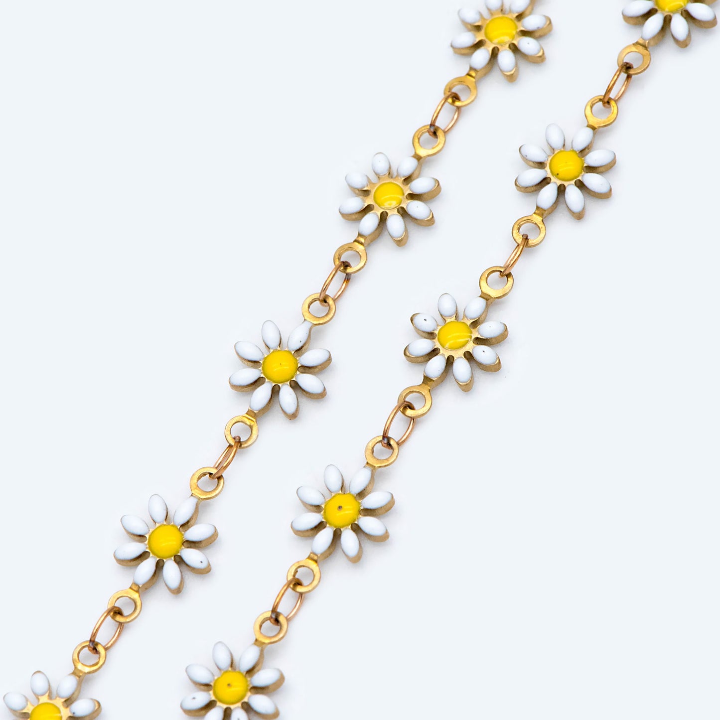 Enamel Flower Chain, Daisy Chain, Unplated Raw Brass Designer Chain 6mm, Floral Link Chain Findings, White (#LK-461-1)/ 1 Meter=3.3ft