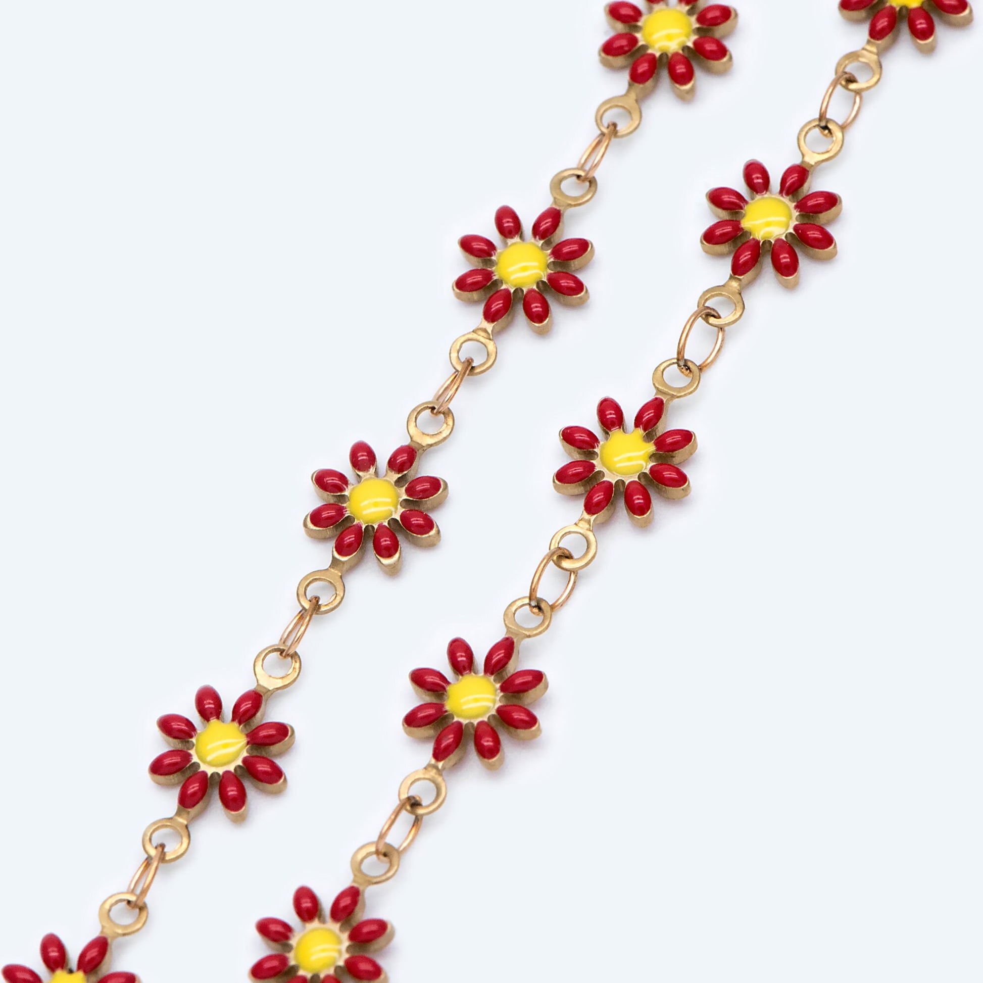 Enamel Flower Chain, Daisy Chain, Unplated Raw Brass Designer Chain 6mm, Floral Link Chain Findings, Red (#LK-461-2)/ 1 Meter=3.3ft