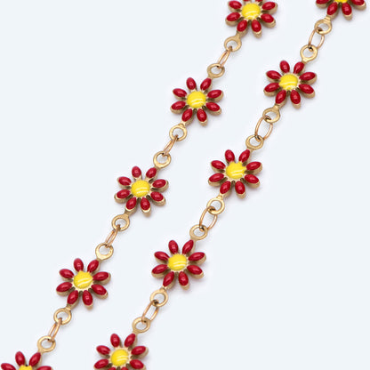 Enamel Flower Chain, Daisy Chain, Unplated Raw Brass Designer Chain 6mm, Floral Link Chain Findings, Red (#LK-461-2)/ 1 Meter=3.3ft