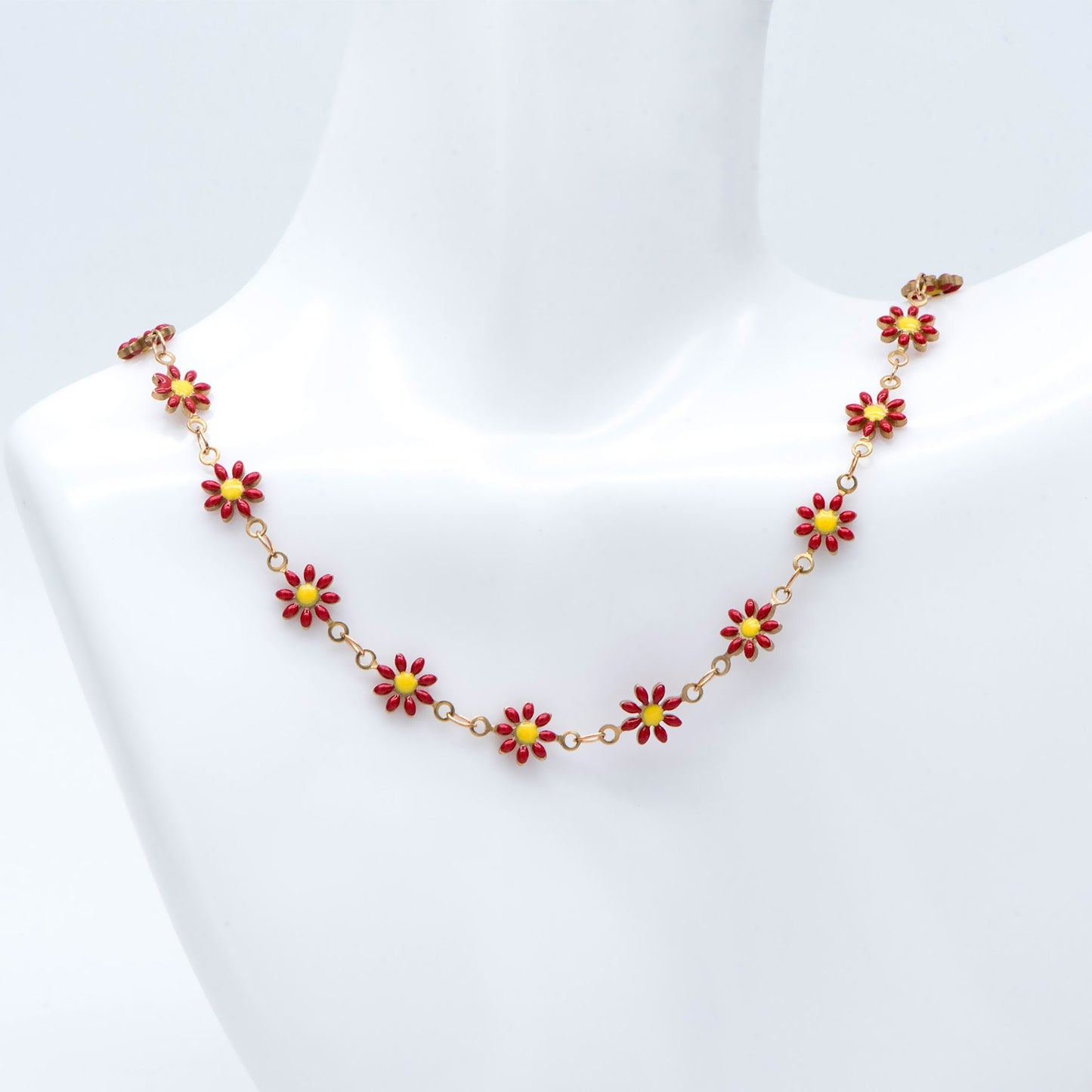 Enamel Flower Chain, Daisy Chain, Unplated Raw Brass Designer Chain 6mm, Floral Link Chain Findings, Red (#LK-461-2)/ 1 Meter=3.3ft