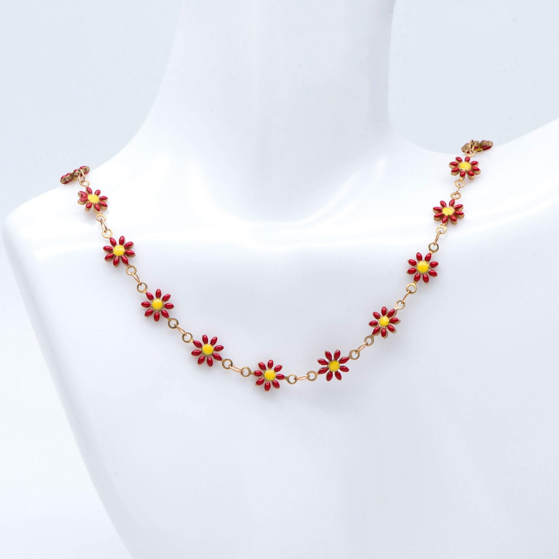 Enamel Flower Chain, Daisy Chain, Unplated Raw Brass Designer Chain 6mm, Floral Link Chain Findings, Red (#LK-461-2)/ 1 Meter=3.3ft