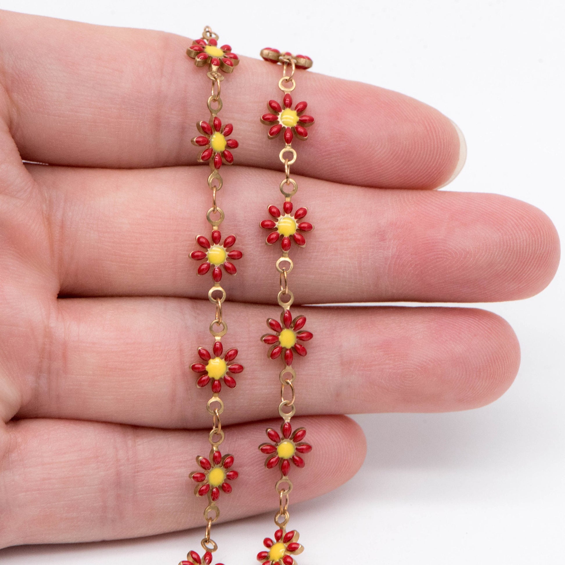 Enamel Flower Chain, Daisy Chain, Unplated Raw Brass Designer Chain 6mm, Floral Link Chain Findings, Red (#LK-461-2)/ 1 Meter=3.3ft