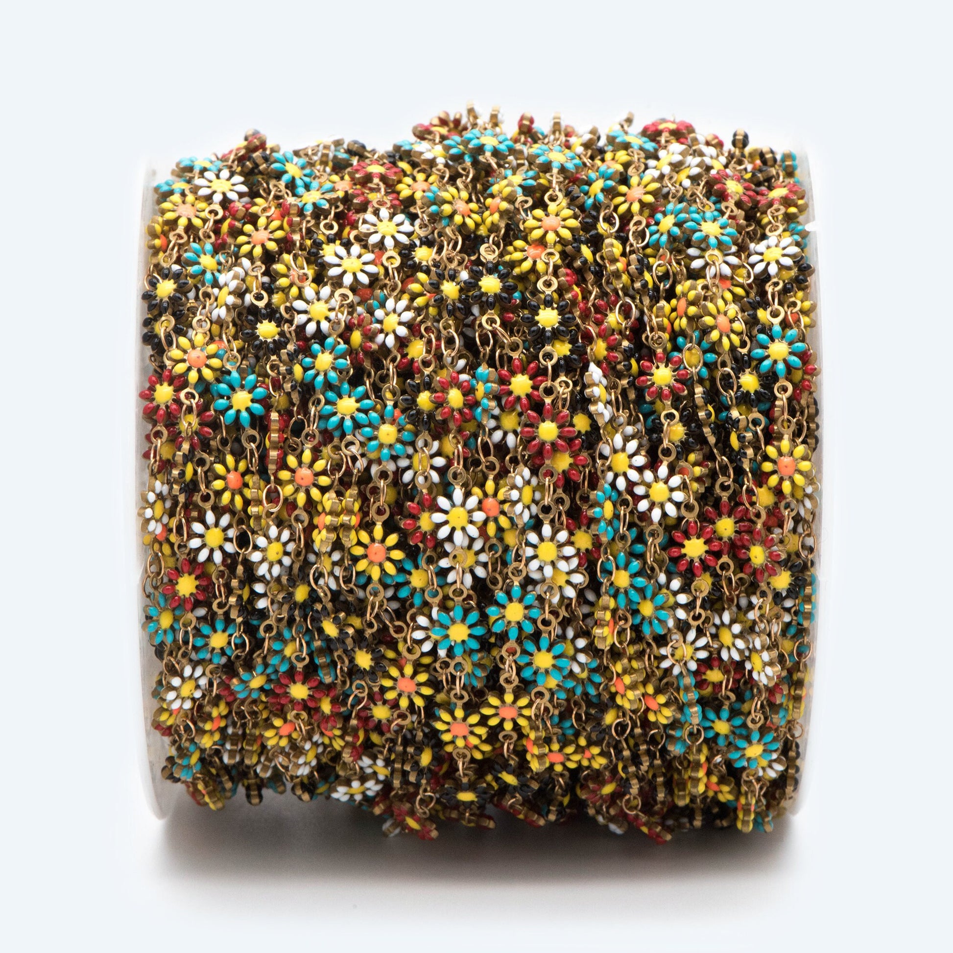 Enamel Flower Chain, Daisy Chain, Unplated Raw Brass Designer Chain 6mm, Floral Link Chain Findings, MIX Color (#LK-461-4)/ 1 Meter=3.3ft