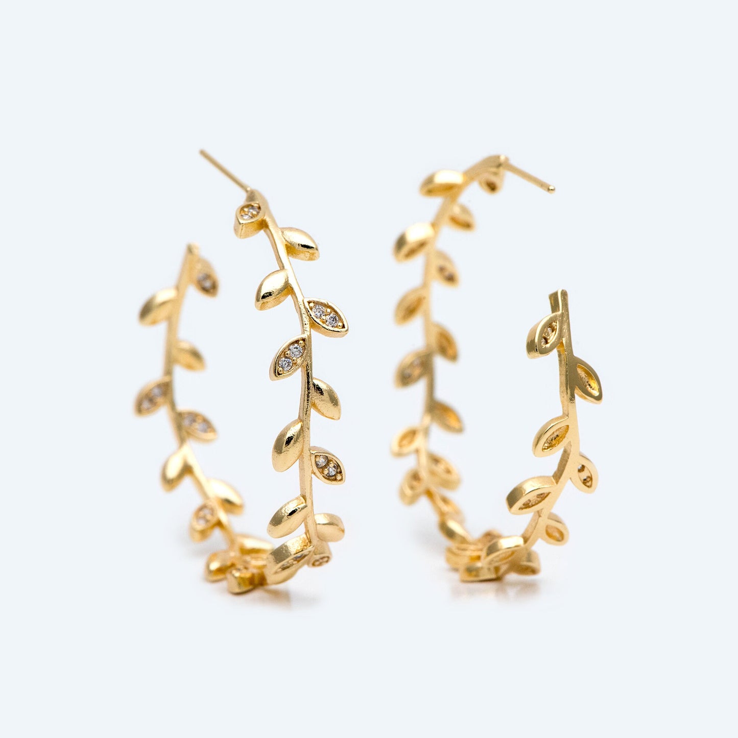 4pcs CZ Paved Dainty Gold Leaf Hoop Earrings, Gold Hoop Earring, 42mm Circle Leaf Earring (GB-2019)