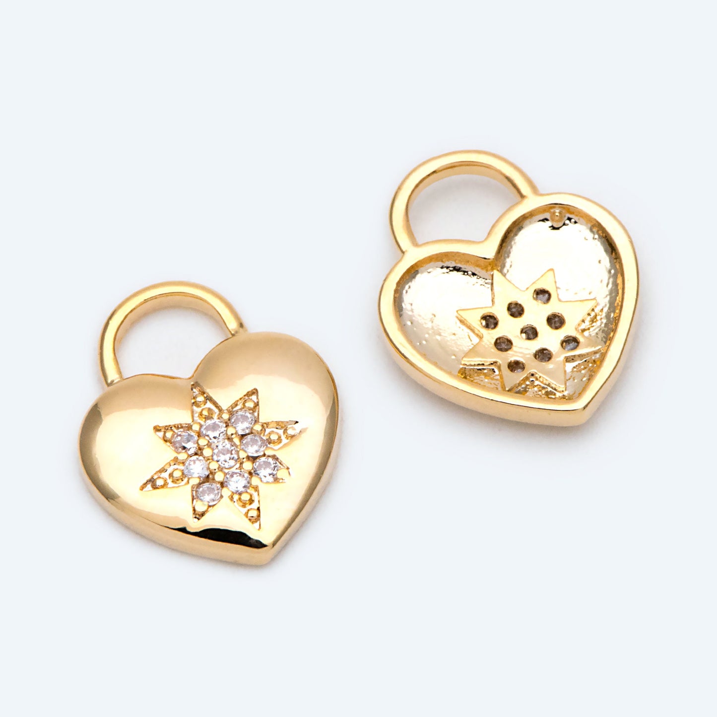 4pcs CZ pave Gold Heart Charm, North Star Pattern, 18K Gold plated Brass Heart Pendant (GB-1048-F)