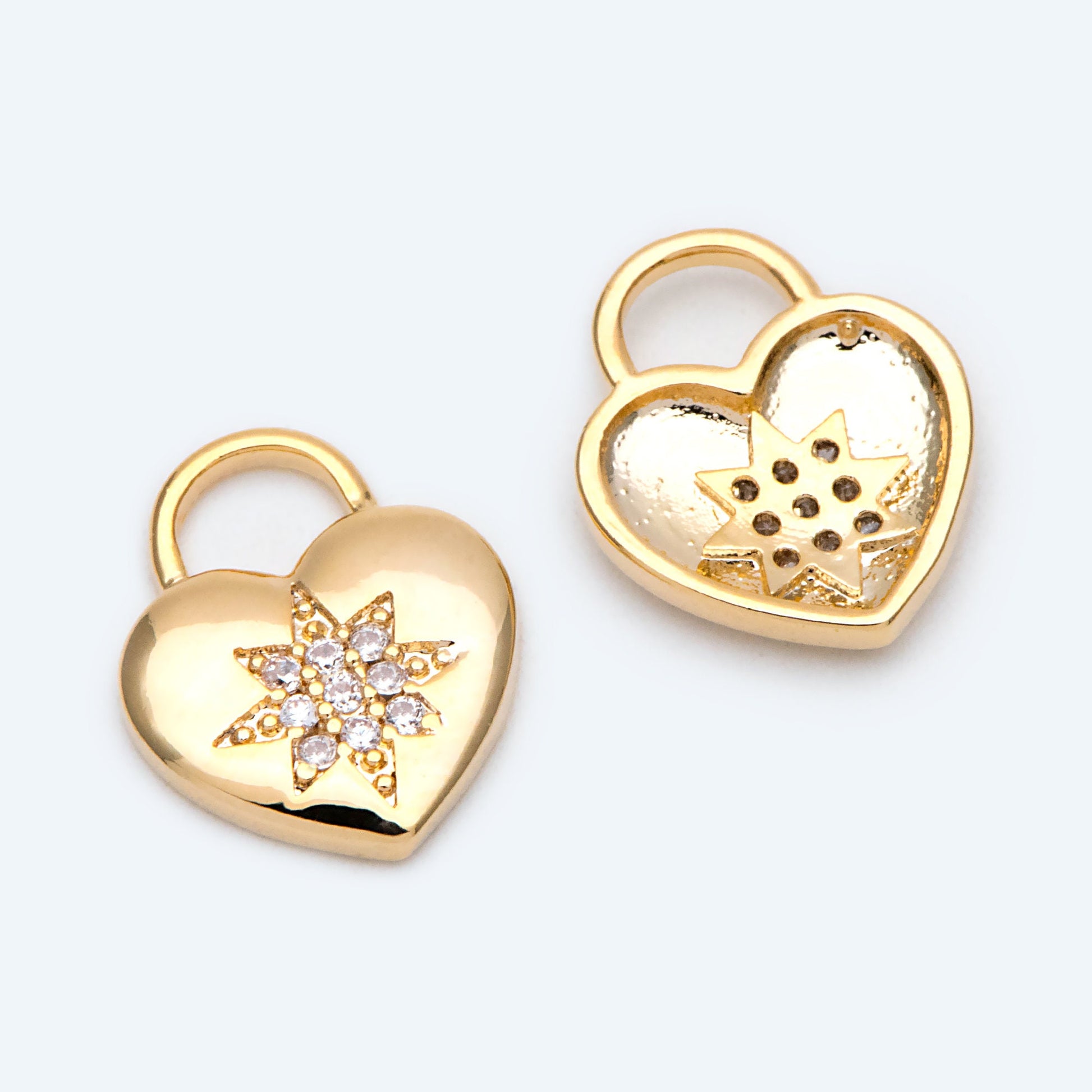 4pcs CZ pave Gold Heart Charm, North Star Pattern, 18K Gold plated Brass Heart Pendant (GB-1048-F)