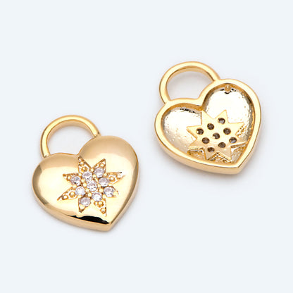 4pcs CZ pave Gold Heart Charm, North Star Pattern, 18K Gold plated Brass Heart Pendant (GB-1048-F)